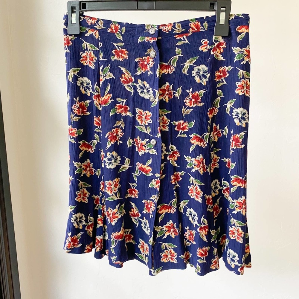 AMBITIONS Women's Vintage Blue Multi Rayon Floral Button Up Mini Skirt sz 6